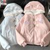 Parka Stile Lolita Kawaii Giapponese Donna Dolce Ricamo Gatto Cartone Animato Cappotto Casual con Cappuccio Ragazze Estetica Y2k Calda Giacca di Peluche