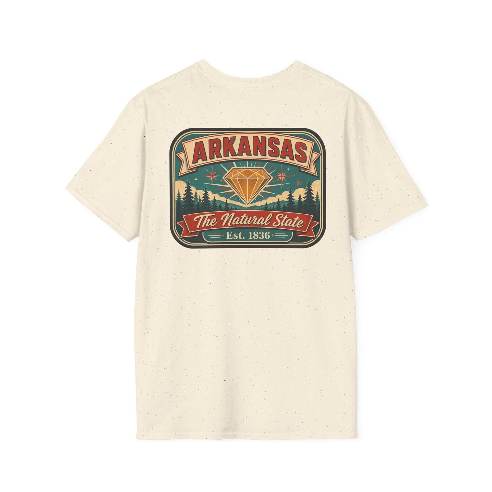 Arkansas Retro Travel Badge T-Shirt | Vintage Mid-Century Natural State Tee | AR Diamond Souvenir Road Trip Gift S