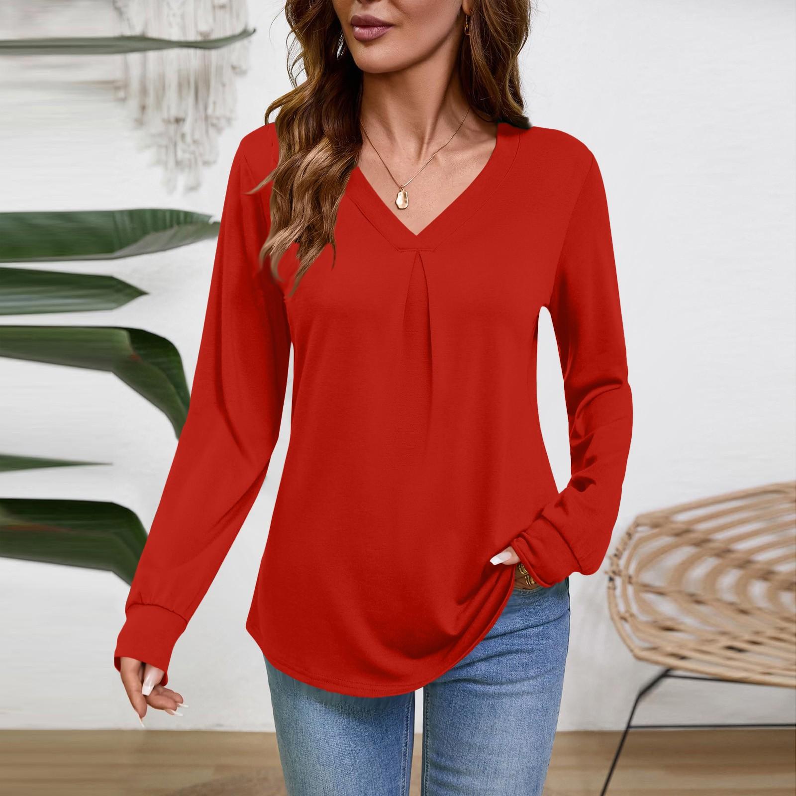 

Женская блузка с длинным рукавом и V-образным вырезом, деловая повседневная туника, топ свободного кроя, рабочая рубашка XL красный