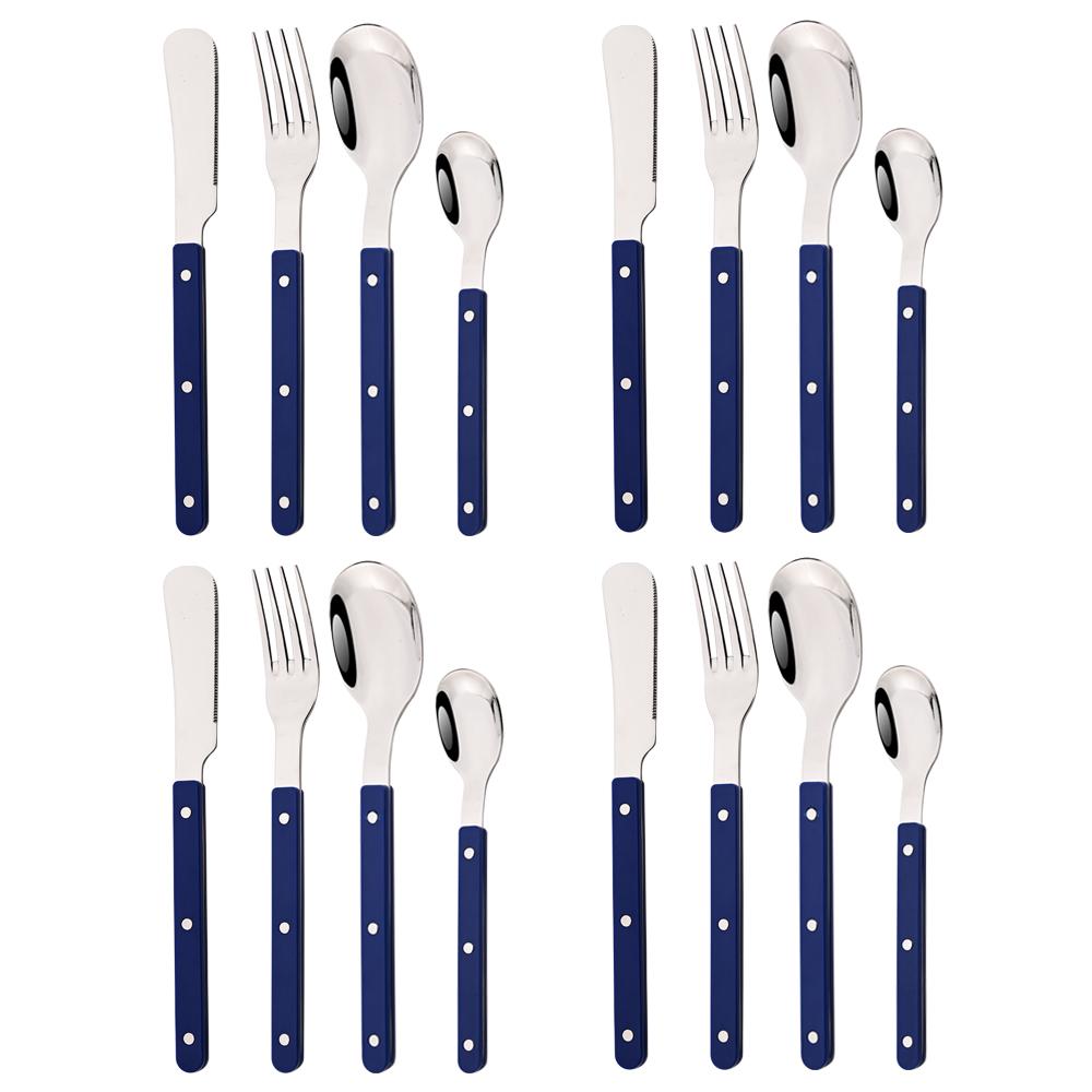 

16Pc Stainless Steel Tableware Plastic Handle Blue Silver Dinnerware Set Knife Fork Spoons Teaspoon Cutlery Kitchen Flatware Set