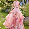 Europa, Amerika, Amazon 3D-Digitaldruck, Aquarellblumen-Druck Hals-Taille Pendel Langes Kleid