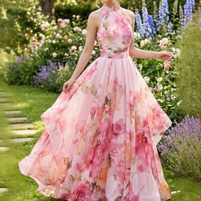 Europe, America, Amazon 3D Digital Printing, Watercolor Flower Printing Neck Waist Pendulum Long Dress