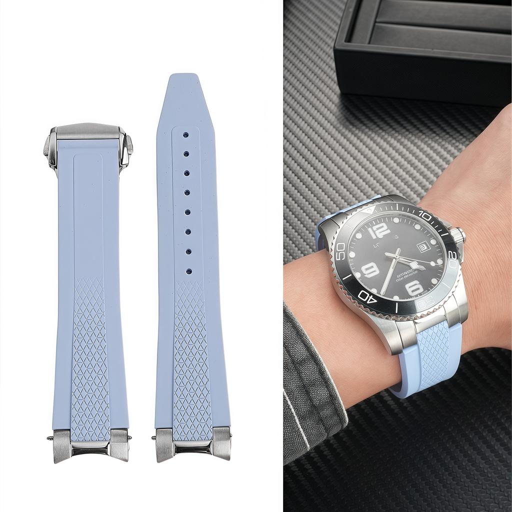 21mm Fluorous Rubber Watchband for Longines Hydroconquest L3.781/L3.883.4 Conquest Sports Diving Watch Strap+Metal Interface