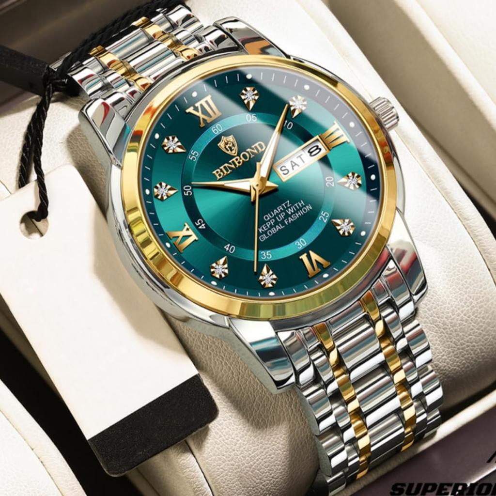 BINBOND Luxury Watch for Man Elegant Date Week Waterproof Luminous Men Watch Quartz Stainless Steel Sports Men's Watches
