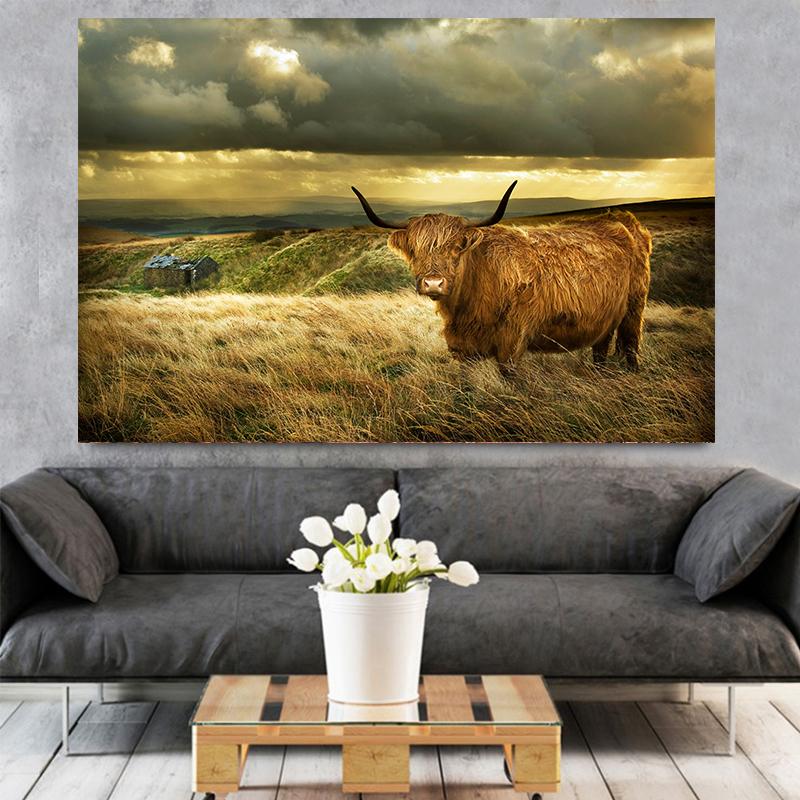 Amazing Portrait of Scottish Highland Cow Wall Pictures Canvas Painting Animal Posters Prints Living Room Home Decor