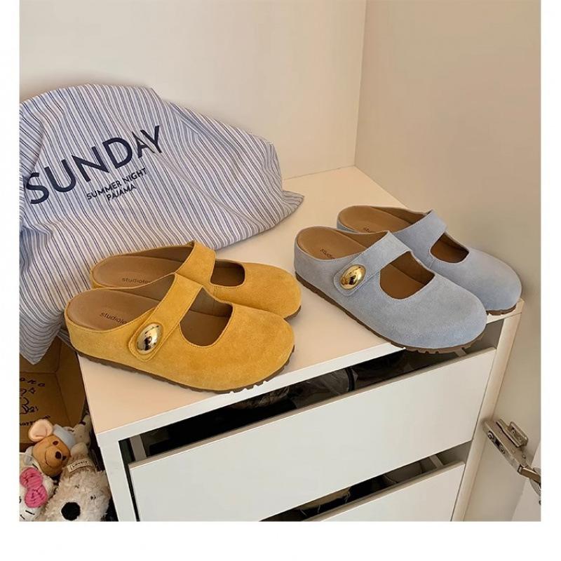 Leather thick-soled small golden bean half slippers women's inner height increase of 5cm new sandals