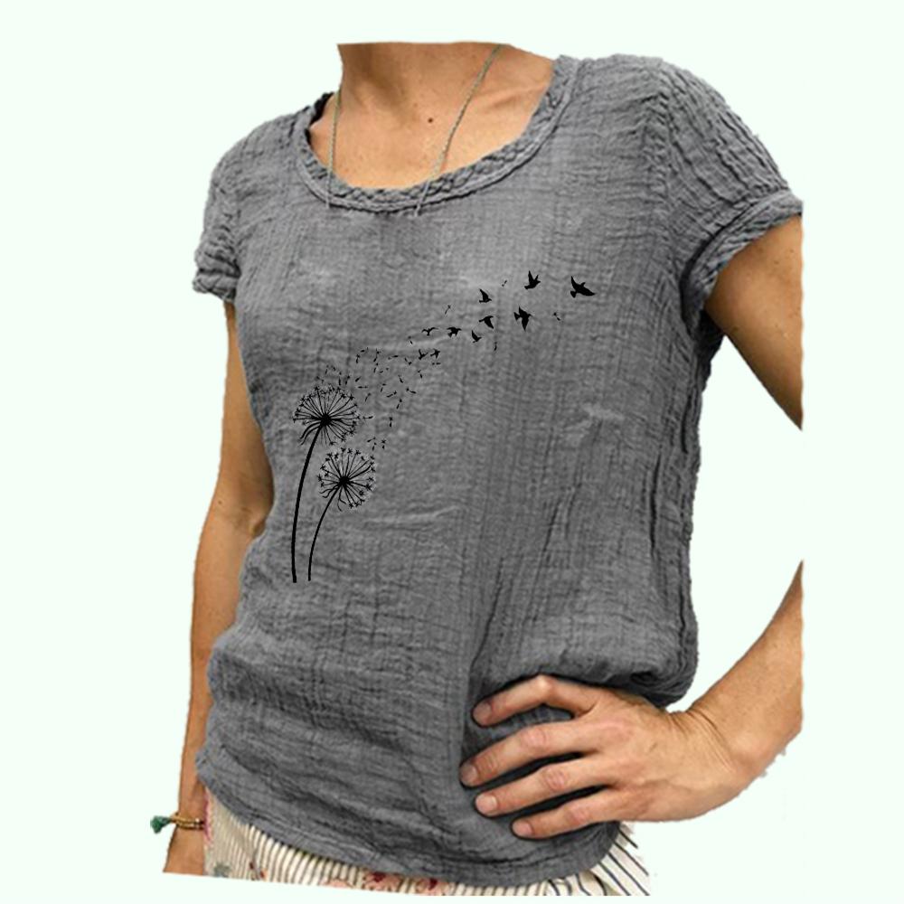 Women Fashion Short Sleeve Blouse Spring&summer Casual Cotton Linen T-shirt Round Collar Print Top