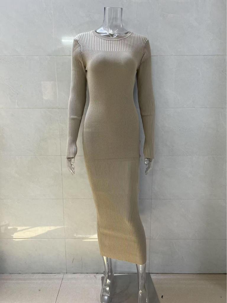 Damen Langarm Herbst/Winter Woll Bodycon Kleid - Gestrickt, Gerippt, Einfarbig, Rundhals