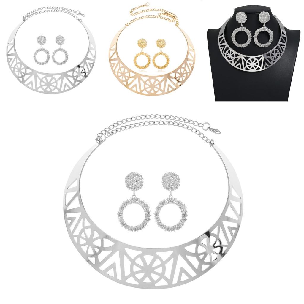 Fashion Solid Color Hollow Design Women Metal Necklace Collar Round Earring Set For Gift And Occasion