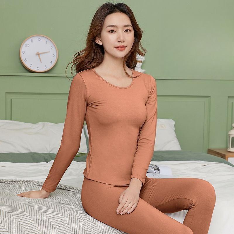 Cotton Thermal Underwear Women's Set, Solid Color Base Shirt for Women, Thin and Fitted Autumn and Winter Clothes and Long Johns