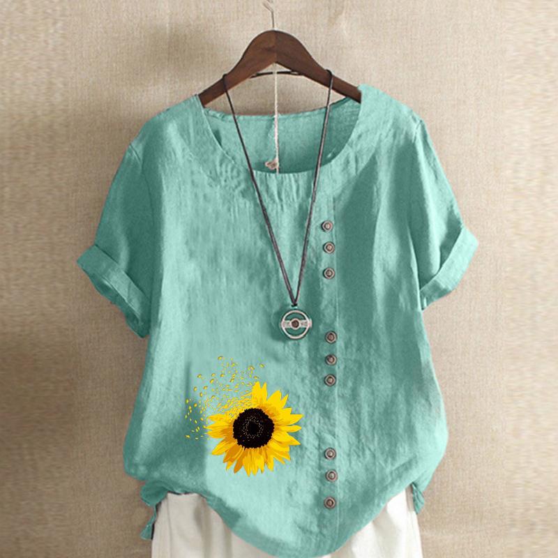 Damenmode Sonnenblumen-Print Kurzarm-T-Shirt Locker Baumwollhemd Lässig Locker Sommerbluse Tops Übergröße