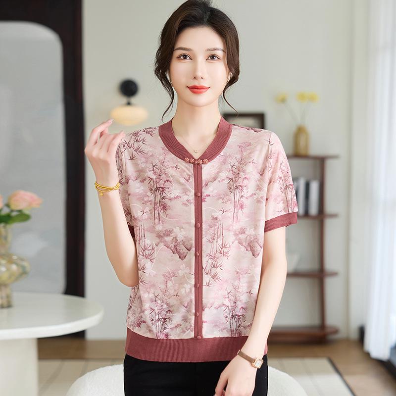2026 New Chinese Style Ice Silk V-Neck Short-Sleeve Top for Mothers - Elegant Summer Shirt for Middle-Aged and Elderly Women