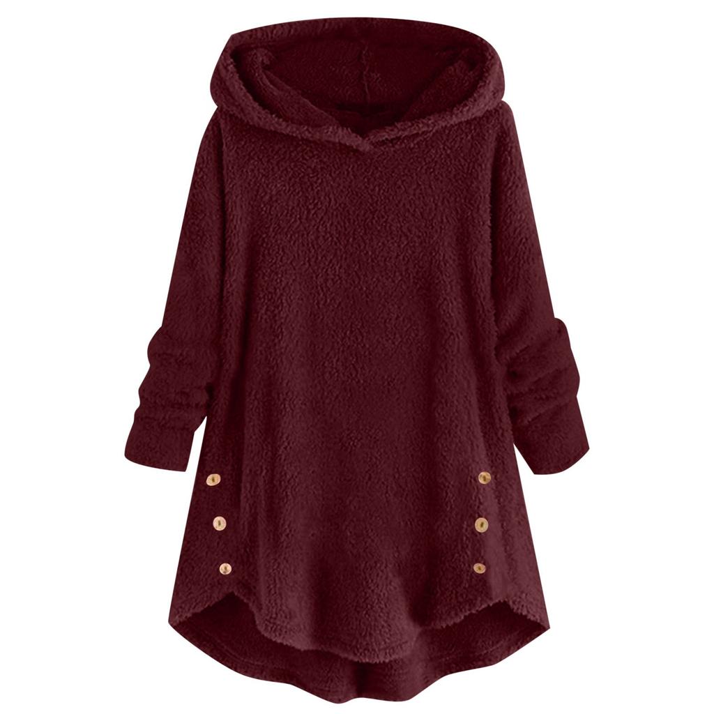 Giacca Top da Donna Casual con Cappuccio, Larga, con Orlo Arricciato e Bottoni Solidi in Peluche, Lunghezza Media