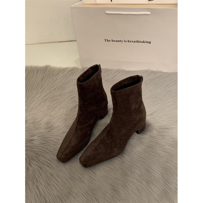 Kurzstiefel mit eckiger Spitze für Damen, dicker Absatz, Herbst und Winter 2025, neue vielseitige französische dünne Stiefel, Reißverschluss hinten, hoher Absatz, elastische Stiefel
