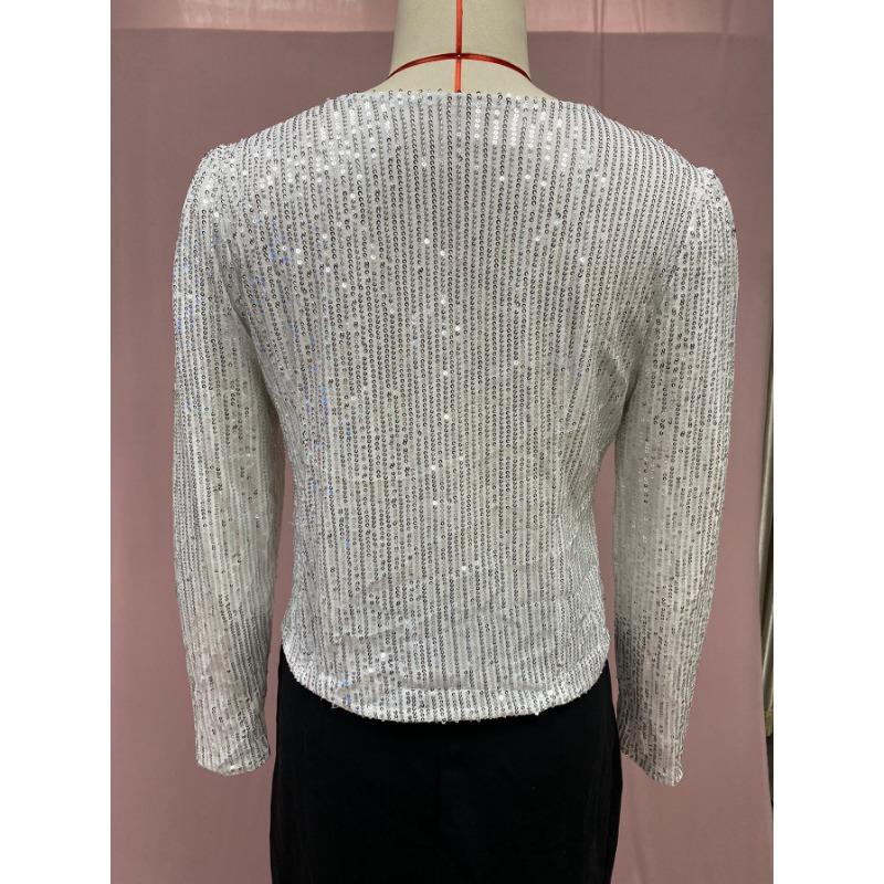 Chic Shiny Sequins Casual Jacket Women Fashion Sparkly Glitter Short Coats Slim Fit Long Sleeves Open Front Cardigan Outwear