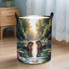 A Large Round Laundry Basket Made of Durable Oxford Cloth with a Watercolor Otter Pond Print - a Heavy-Duty Storage Box for Clothes, a Multifunctional