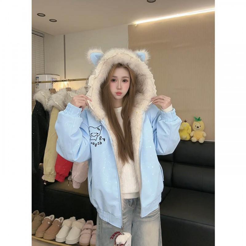 Womens Winter Faux Fur Hooded Cotton Coat Solid Color Loose Fit Thick Warm Jacket