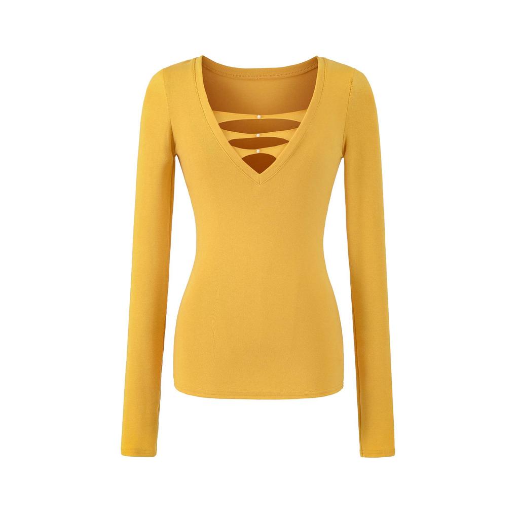 Spicy V-neck Pearl Hollow Long Sleeve Knit T-shirt - Women's Autumn Winter Slim Fit Base Layer