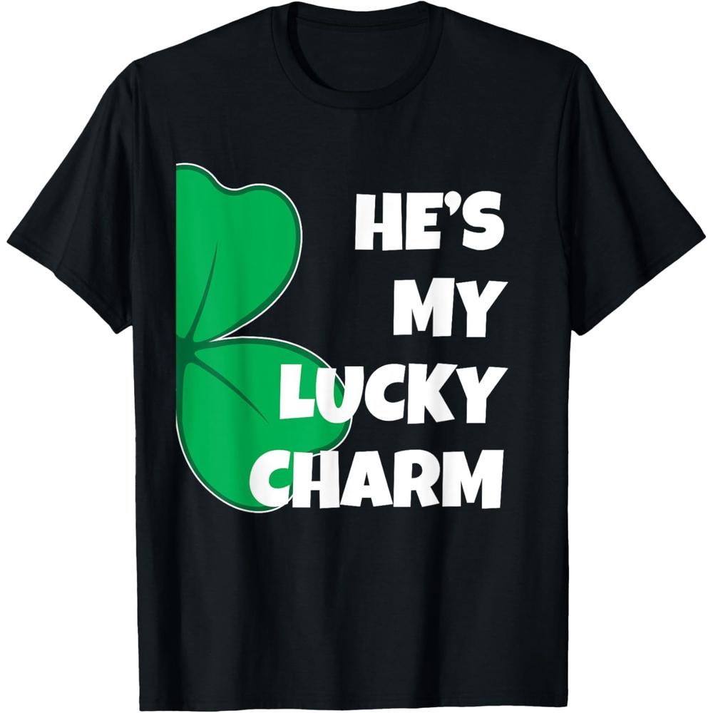 He s My Lucky Charm Funny St Patricks Day Couple Cotton Men T Shirt XS чёрный