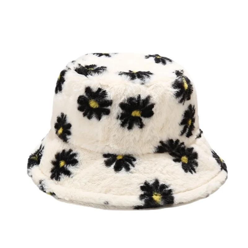 2024New Winter Bucket-Hats Fluffy Fur Men Women Panama Hat Fashion Warm Fisherman Cap Letter Rainbow Houndstooth Leopard Printed