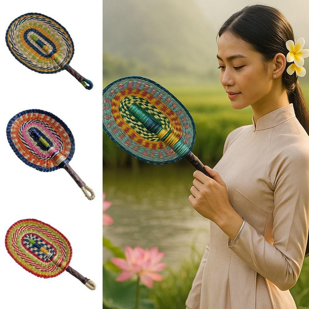 Vintage Seagrass Woven Fan Colorful Striped Patterns Summer Cooling Fan  Home Decoration