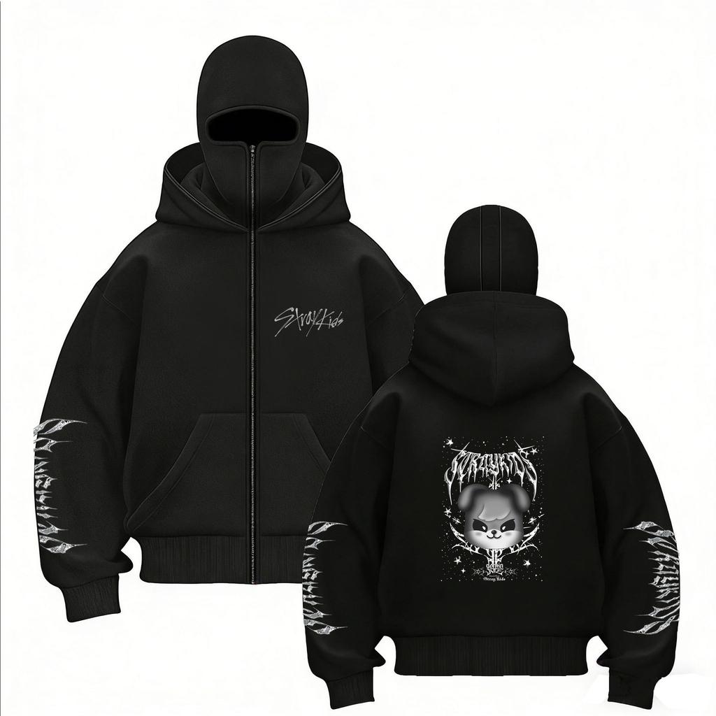 Stray Kids Skz Harajuku Printed Stray Kids Double Hood Zip-Up, Harajuku Print SKZ Hoodie for STAY Two-hat Zip-up Shirt for Men and Women