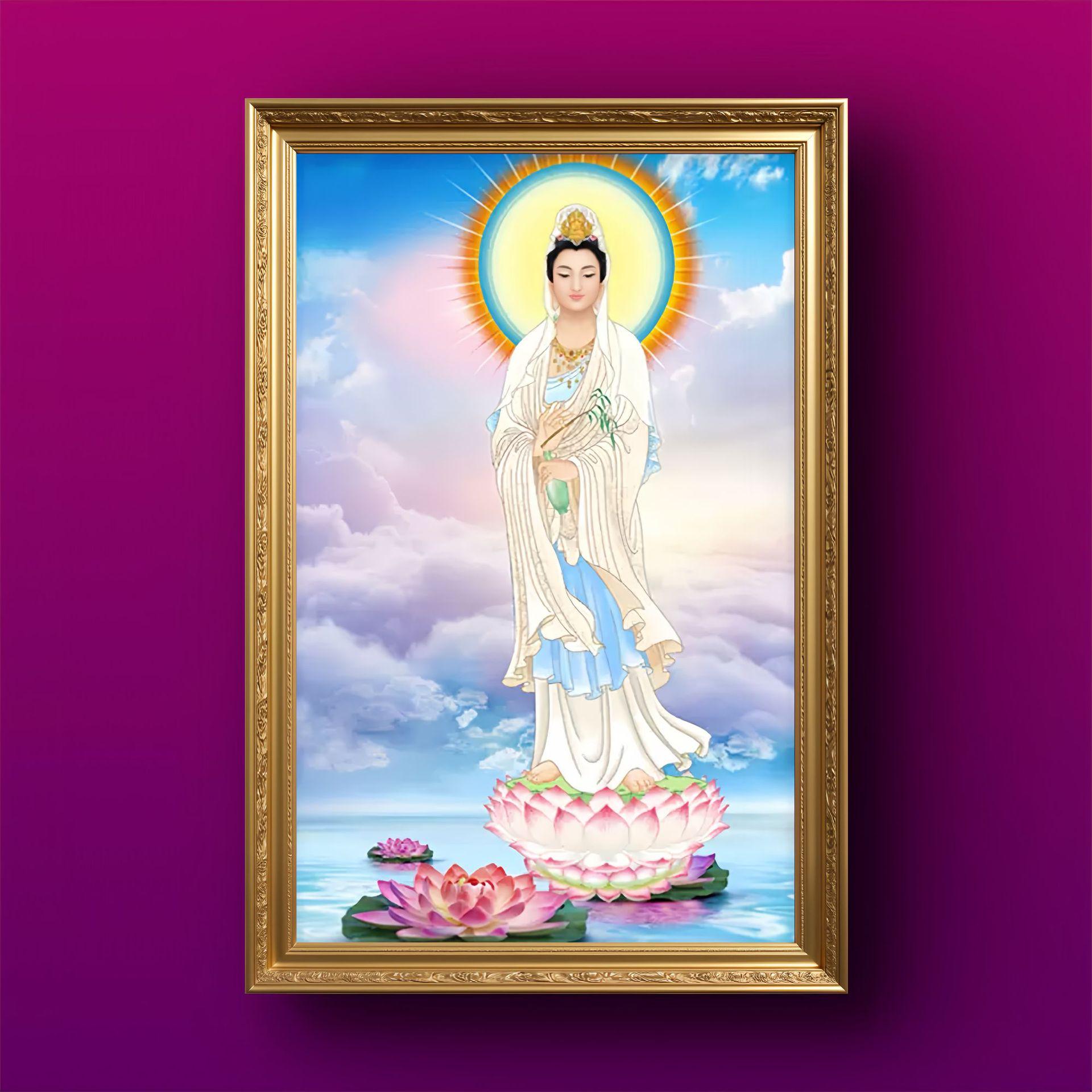 Guan Yin Bodhisattva & Amitabha Buddha Canvas Portrait with Pine Wood Frame 20x25