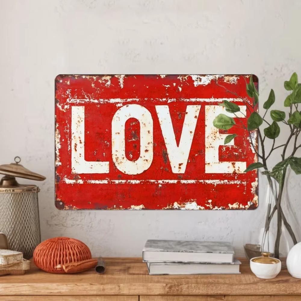 1PC Vintage-Style 'LOVE' Metal Tin Sign, 8x12 Inch - Distressed Red Heart, Rustic Wall Decor For Home & Living Room