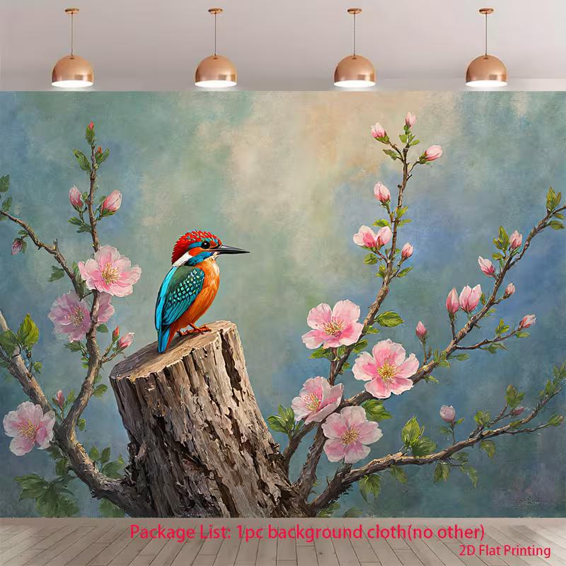 

2D Bedroom Background Cloth Colorful Kingfisher Cherry Blossom Banner for Decor 47.2x31.5inch/120*80cm