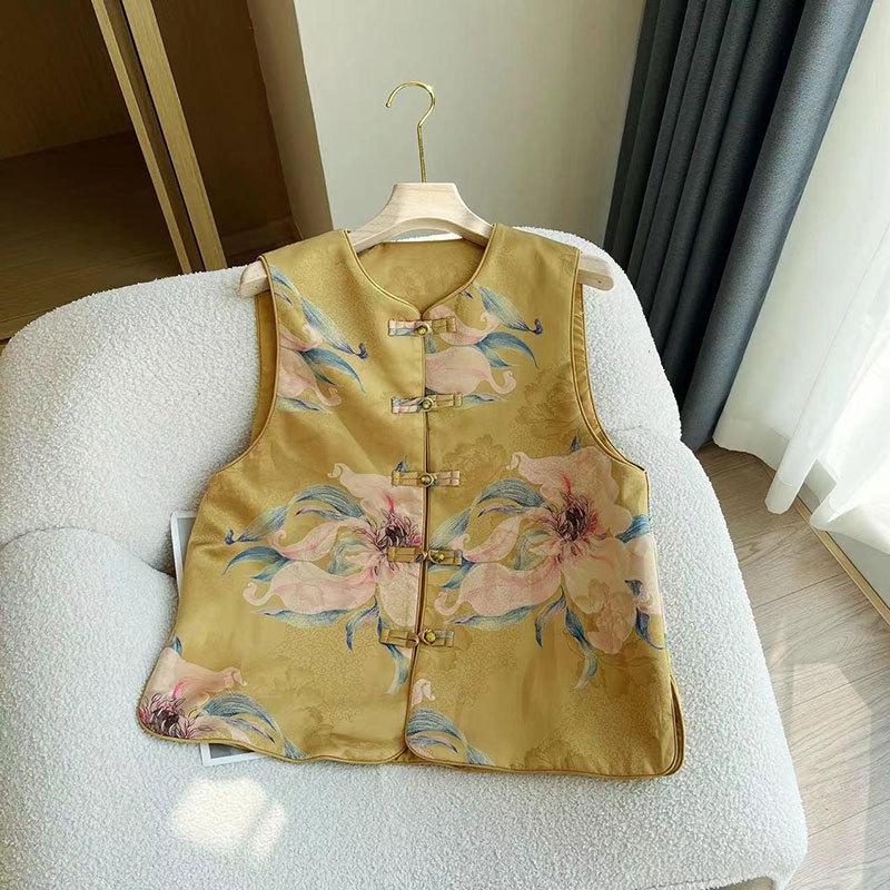 

Весна 2025 Ретро китайский жилет с застежкой «лягушка»: Жилет без рукавов с круглым вырезом M жёлтый
