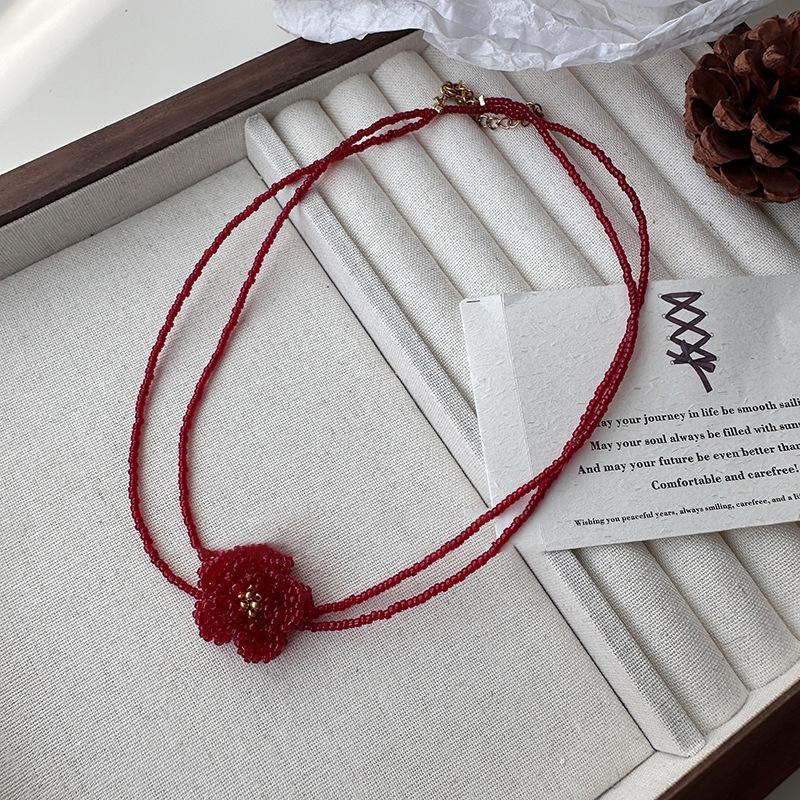 1Pcs Long Double Layered Sweater Chain Chokers Cute Romantic Red Camellia Beads Strand Flower Pendant Necklaces For Women Burgundy