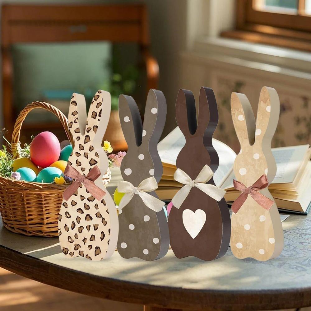 4/5 Piece With Bowknot Easter Wooden Rabbit Ornament DIY Printed Easter Desk Bunny Decoration Cute Thickened