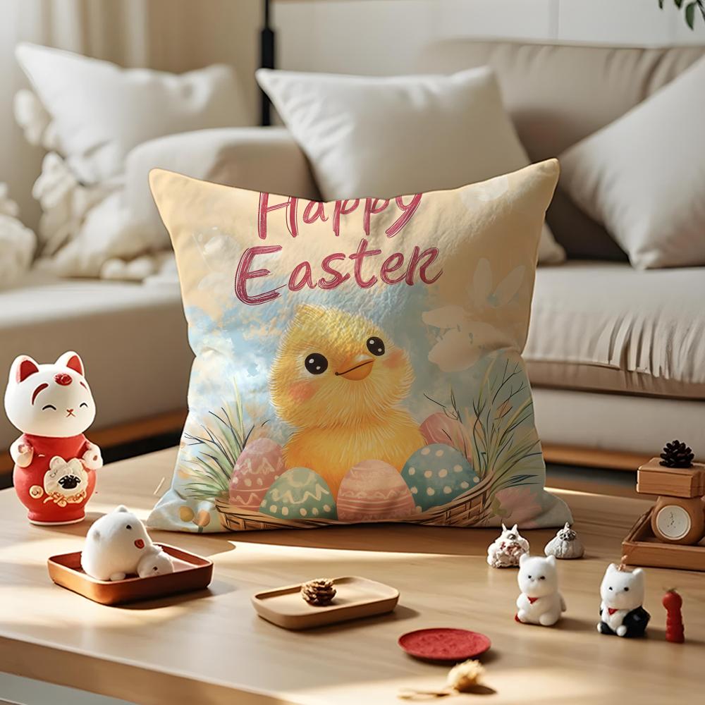 Happy Easter Bunny Cushion Cover Silky Short Plush with Invisible Zipper Dustproof Sofa Pillow Case for Home Decor