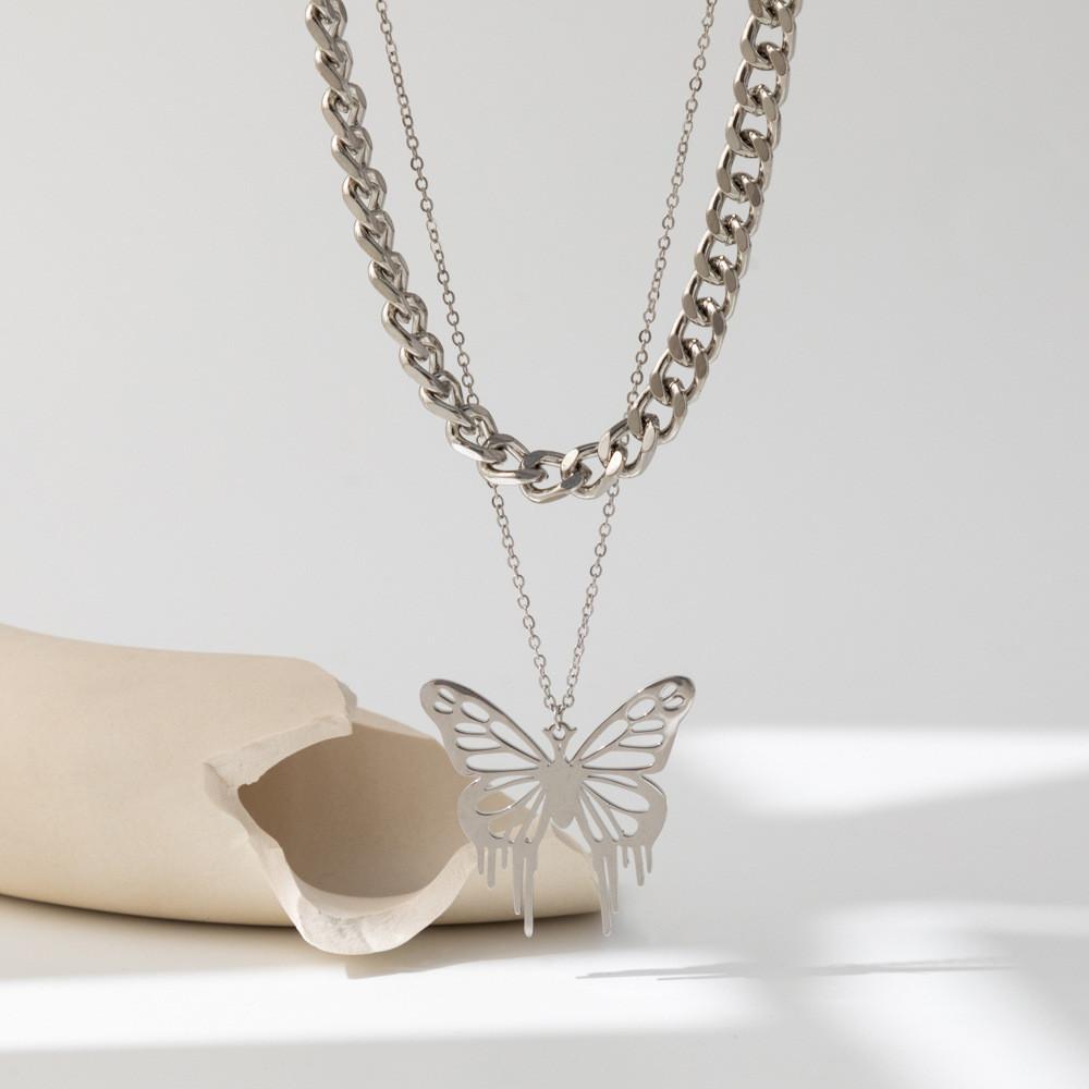 Creative Double Layer Butterfly Pendant Necklace In Gold Silver And Black For Women
