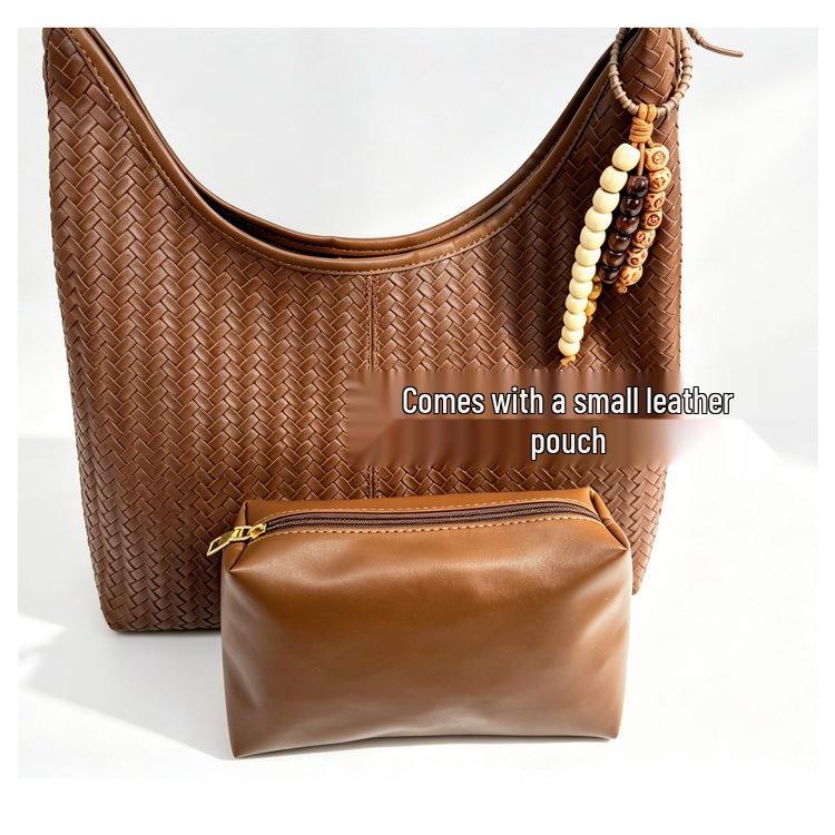 Women's Retro Woven Texture Tote Bag, Large Capacity, Stylish 2026 Design, Casual Trendy Underarm Handbag