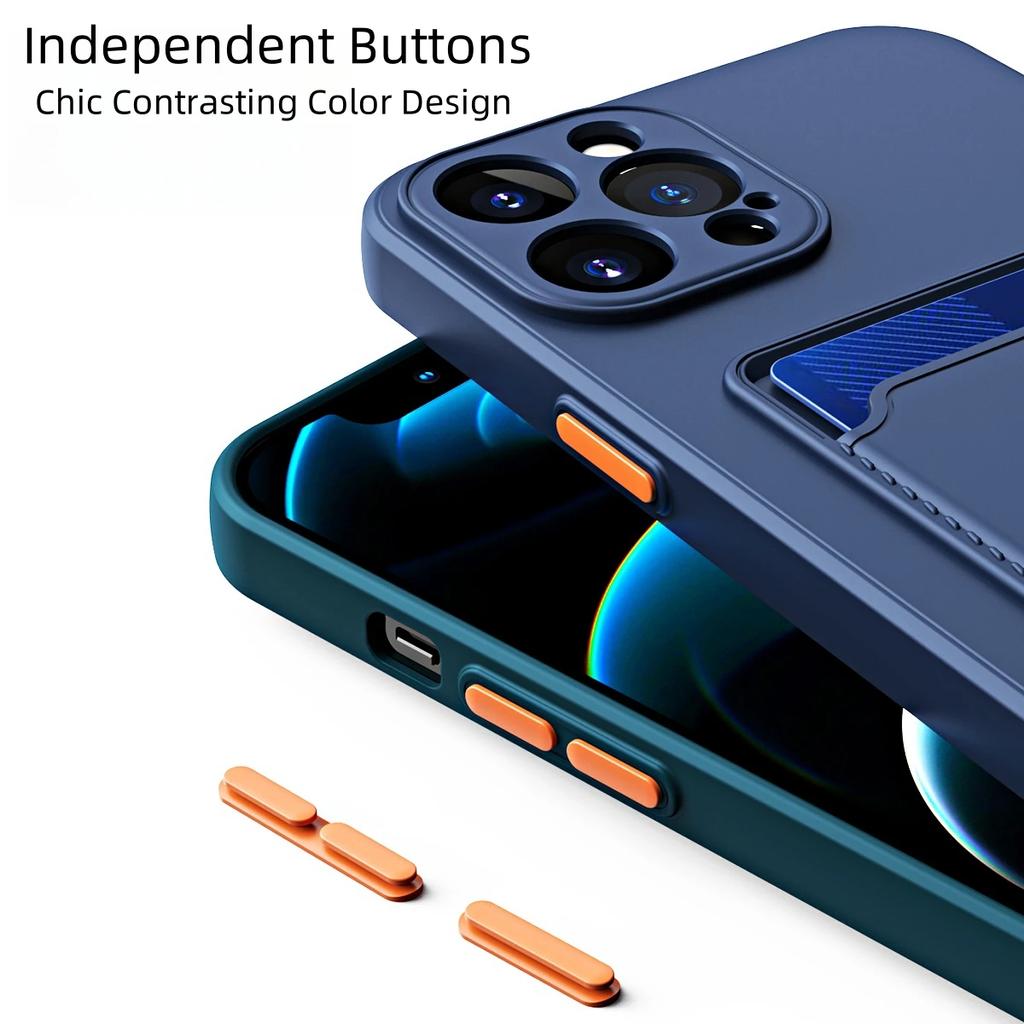 Měkký silikonový držák na karty pouzdro na telefon pro iPhone 16 15 14 13 12 Pro Max Mini Plus kontrastní barva tlačítka nárazuvzdorný zadní kryt