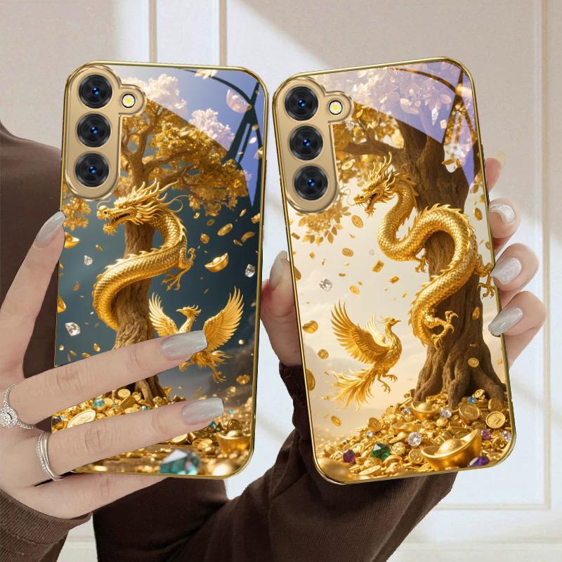 Lucky Dragon Diagram For Samsung Galaxy S20 FE S21 S22 Ultra 23 Plus 24 Ultra 25 Ultra S21+ S9+ 22Plus Golden Glass Phone Case