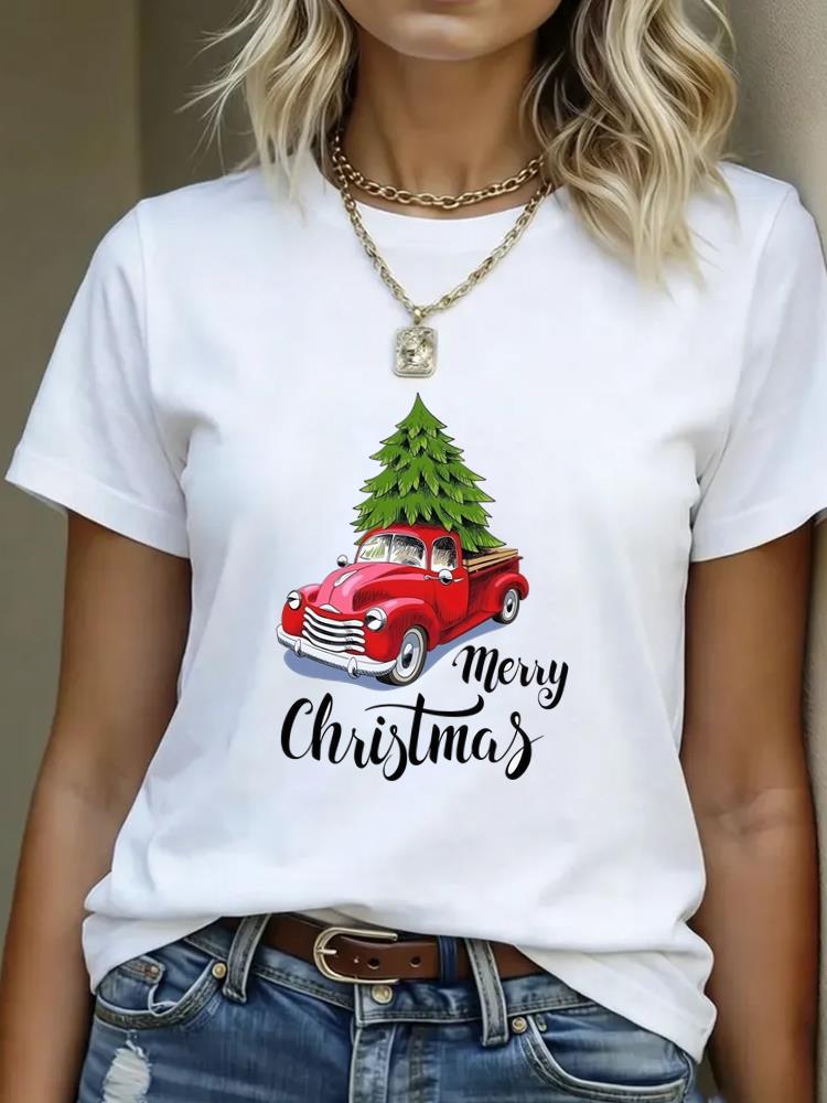 (Asian Size) plaid truck Merry Christmas Women's Top Short Sleeve T-shirts O-neck T Shirt Print Fashion Casual New Year Clothing Graphic Tee