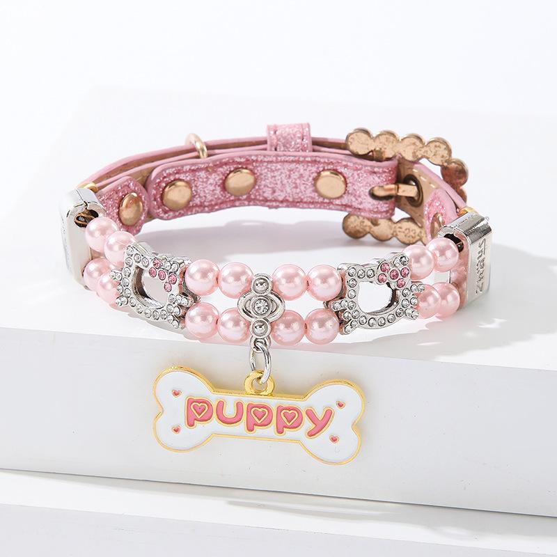 

New pet bead big bone hanging collar, small cat dog simulation, pearl rhinestone, cat head bead string, cat chain item L: 1.8 * 37.5CM (with length) розовый