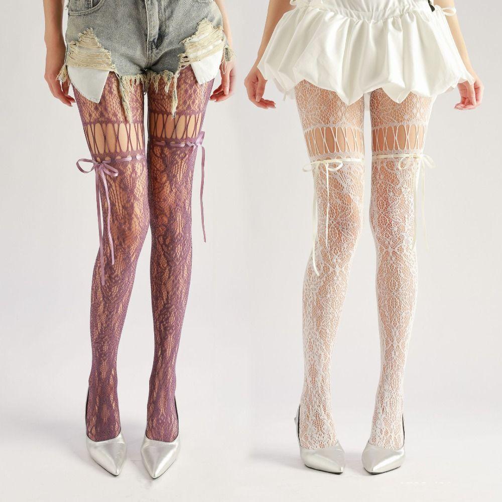 High Waist Mesh Lace-up Pantyhose Smooth Hollow-out Shaping Silk Stockings Stretch High-Density Sheer Pantyhose Tights Women