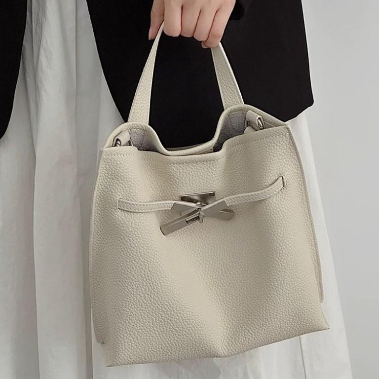 Niche Design Lock Buckle Leather Bucket Bag Pebble Pattern Top Layer Cowhide Large Capacity Portable Commuter Shoulder Bag