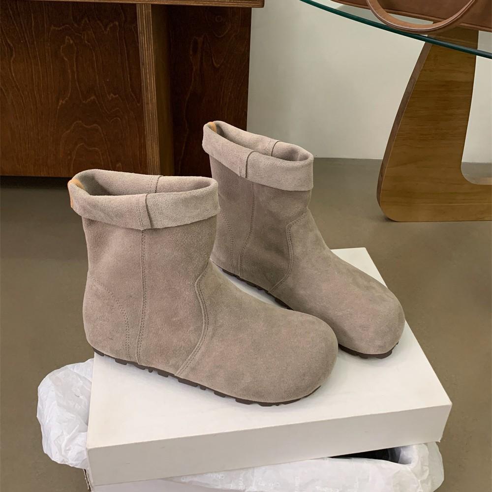 2025 Autumn and Winter New Round Head Leather Matte Thin Casual Thick Bottom Boken Low Tube Women's Short Boots