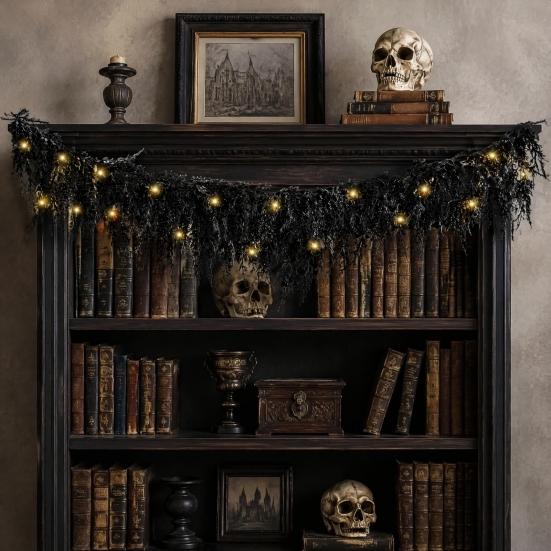Decorative Vines for Mantelpiece Halloween Lighted Creepy Vine Garland with LED Lights, Black Faux Twig Mantle Artificial Branches Home Decor