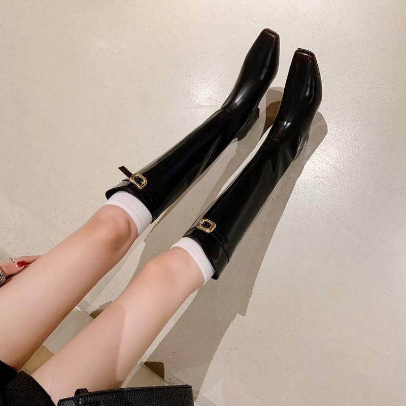 Autumn and Winter Women's Leather Fashion Boots Solid Color Square Head Medium Heel Large Size Women's Boots New Rear Zipper Cowhide High Boots