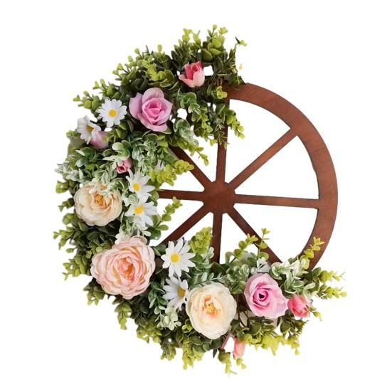 

Artificial Flower Wagon Wheel Wreath Spring Floral Wooden Wheel Wreath Outdoor Welcome Sign for Valentine s Day Front Door Wall Home Porch Decor A