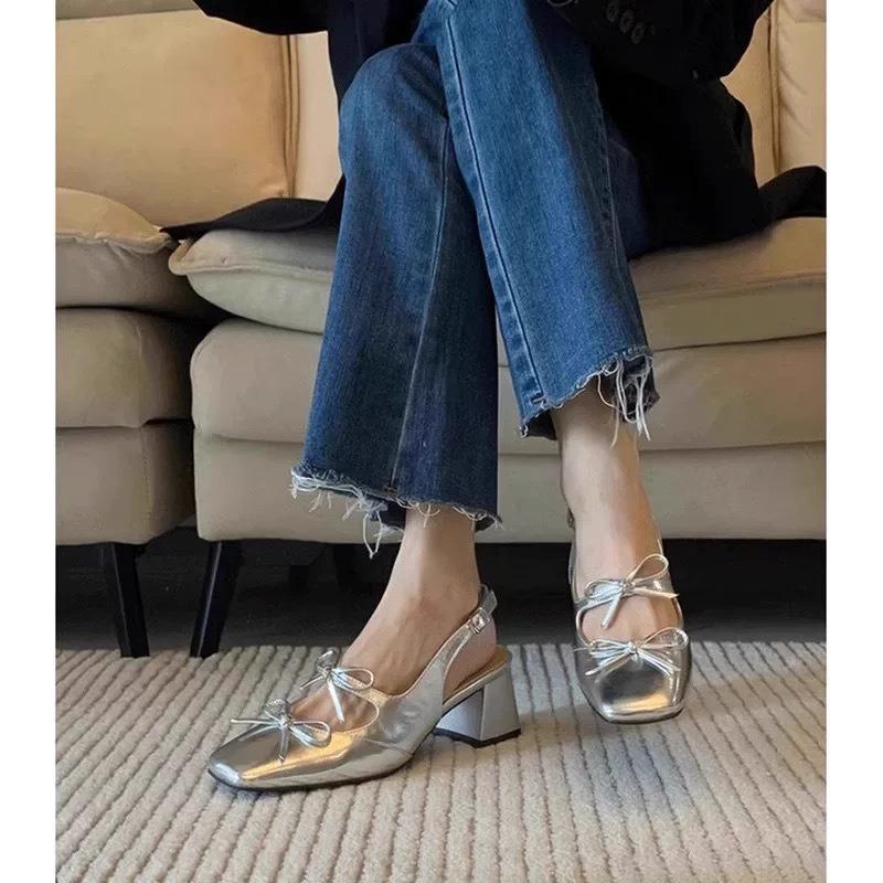 Women's summer outer wear new fashion high-end temperament silver bow thick heel high heel single shoes women's sandals