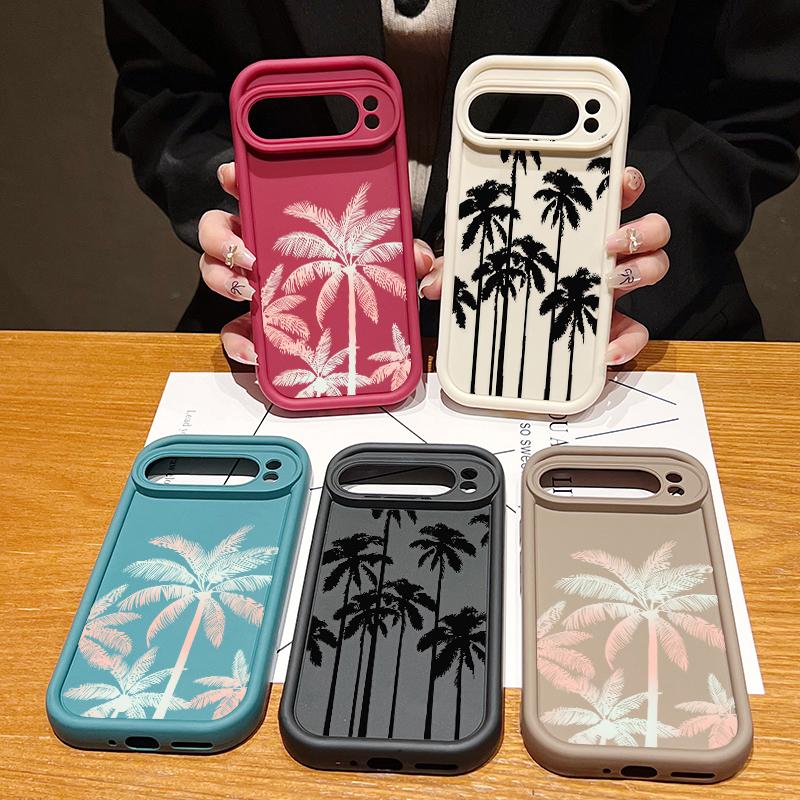 Solid Color Coconut Tree Pattern Matte Phone Case For Google Pixel 9 Pro XL 8 Pro 8A Fashion Soft TPU Lens Protection Shockproof Bumper Cover