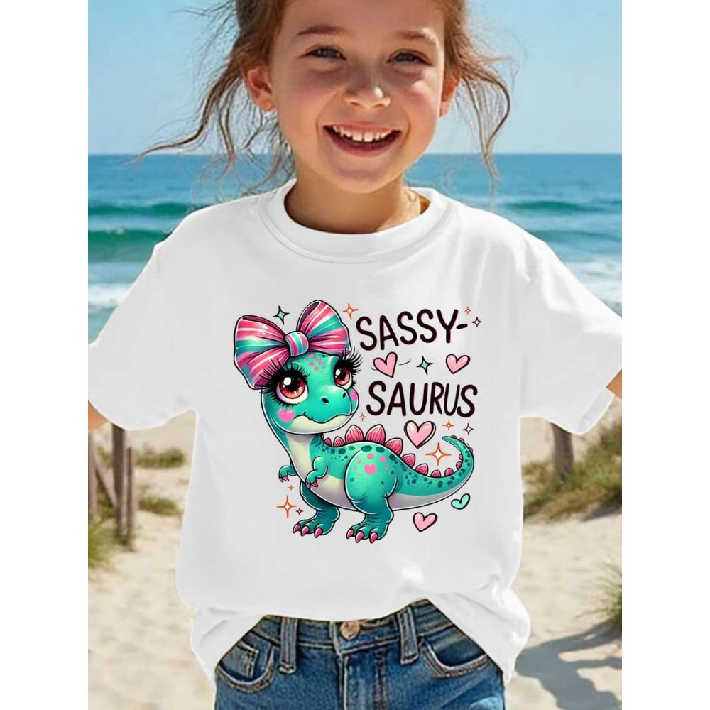 

Girls Kawaii Cartoon Dinosaur Graphic T-Shirt Cute Pink Bow Hearts Print T-Shirt Kids Short Sleeve Tee Y2k Children s Clothing 100