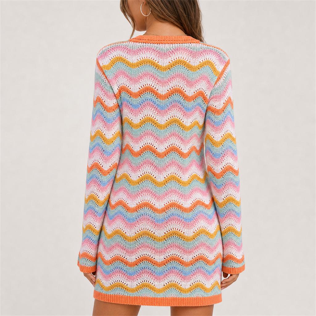 Damen Ringel Strick Pullover Pullover, Rundhals Mittellange Tunika für Herbst Winter Freizeitkleidung