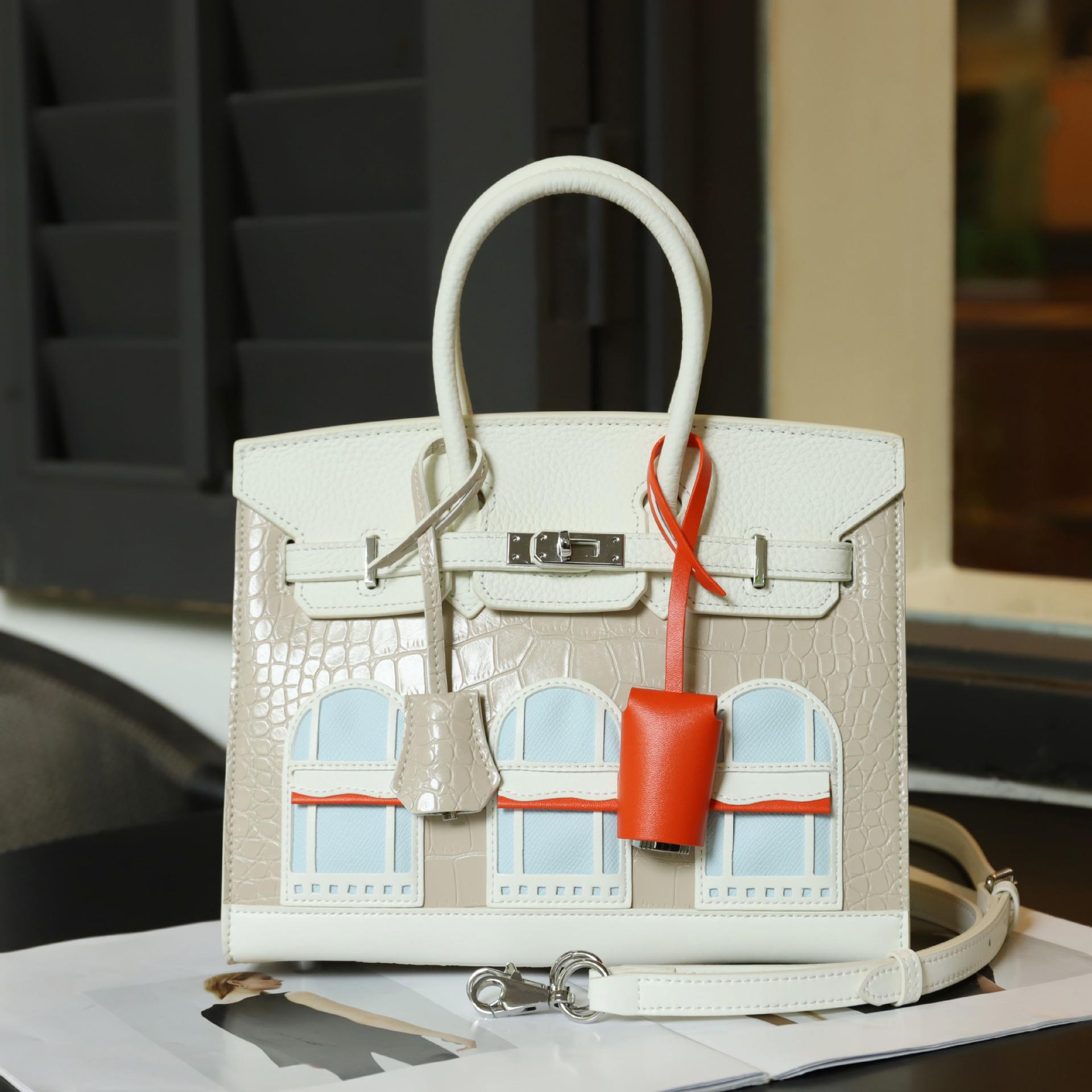 

Сумка из воловьей кожи крокодиловой кожи контрастного цвета через плечо, кожаная женская сумка для пожилых людей, сумка для дома, сумка через плечо 25x13x20cm белый